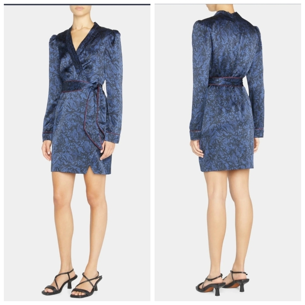 Saloni Bibi Silk Wrap Dress Blue Floral Long Sleeve Belted UK14 US10‎